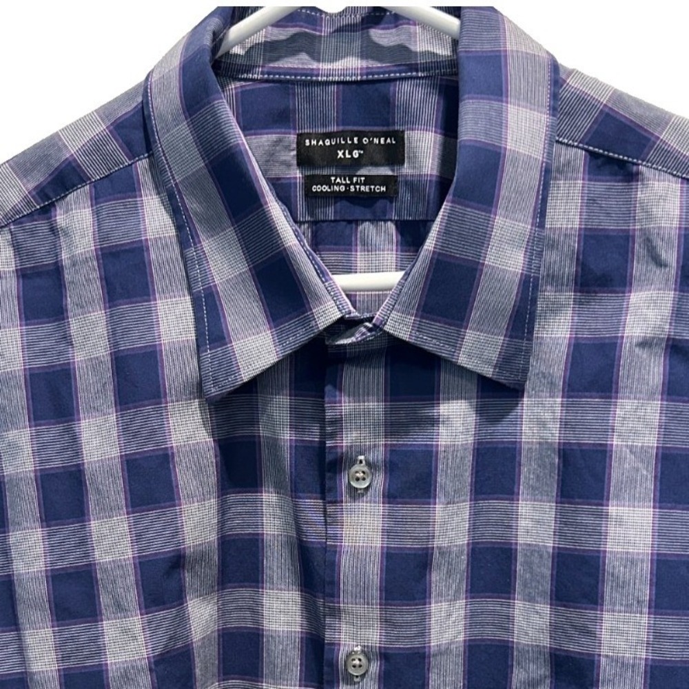 Shaquille‎ O'Neal Button Down XLG Tall Mens Blue Plaid Cooling Stretch Shirt